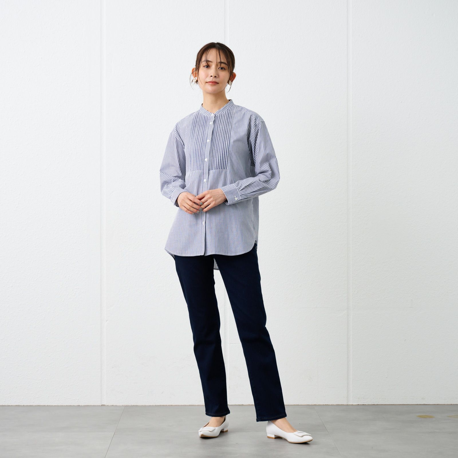 【てまラク】　綿混長袖バンドカラーミドルシャツ