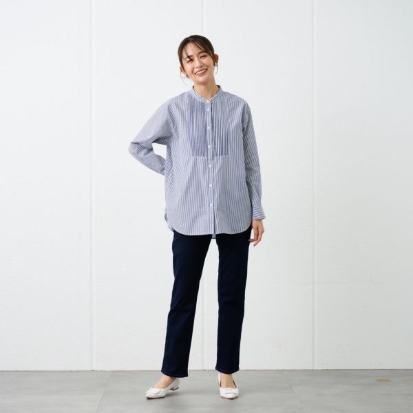 【てまラク】　綿混長袖バンドカラーミドルシャツ