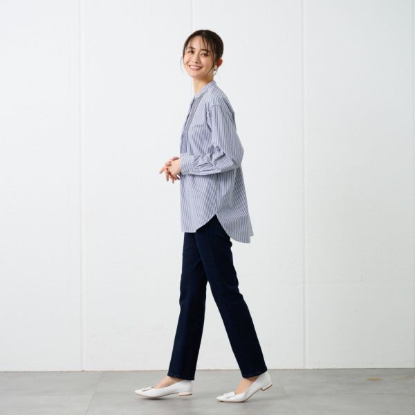 【てまラク】　綿混長袖バンドカラーミドルシャツ