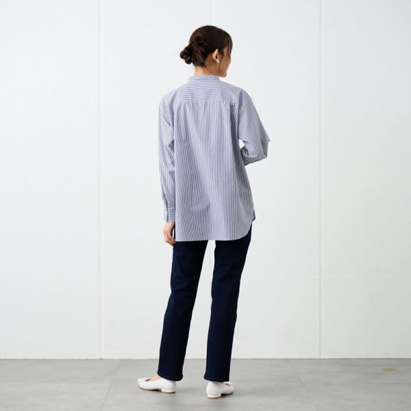 【てまラク】　綿混長袖バンドカラーミドルシャツ