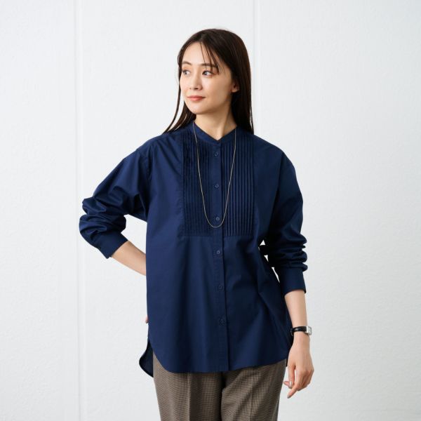 【てまラク】　綿混長袖バンドカラーミドルシャツ