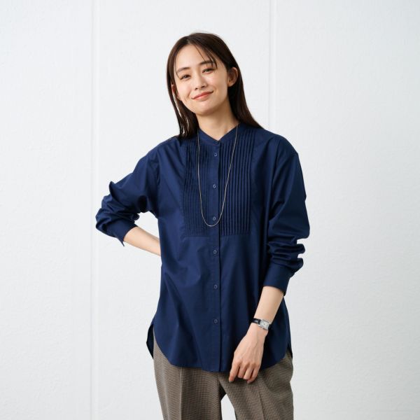【てまラク】　綿混長袖バンドカラーミドルシャツ