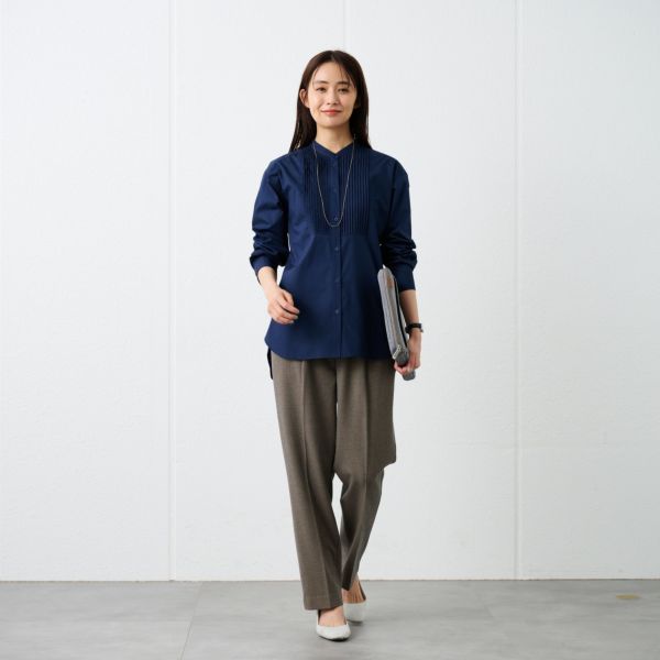 【てまラク】　綿混長袖バンドカラーミドルシャツ