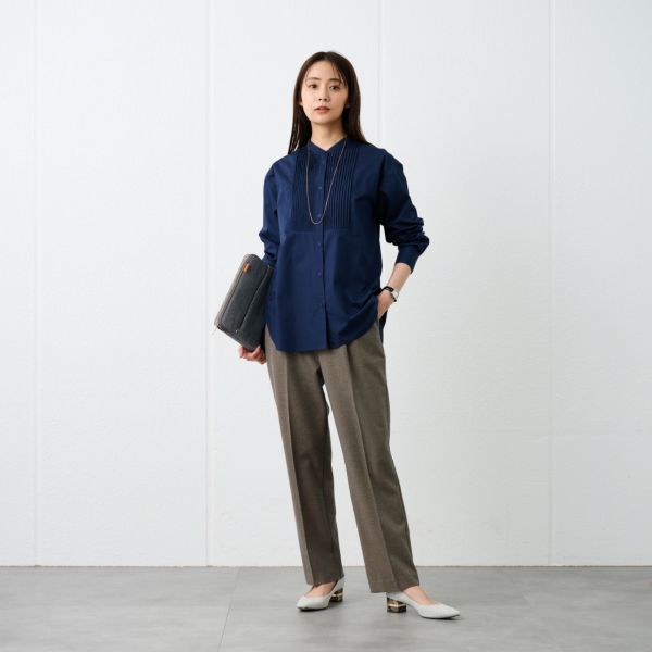 【てまラク】　綿混長袖バンドカラーミドルシャツ