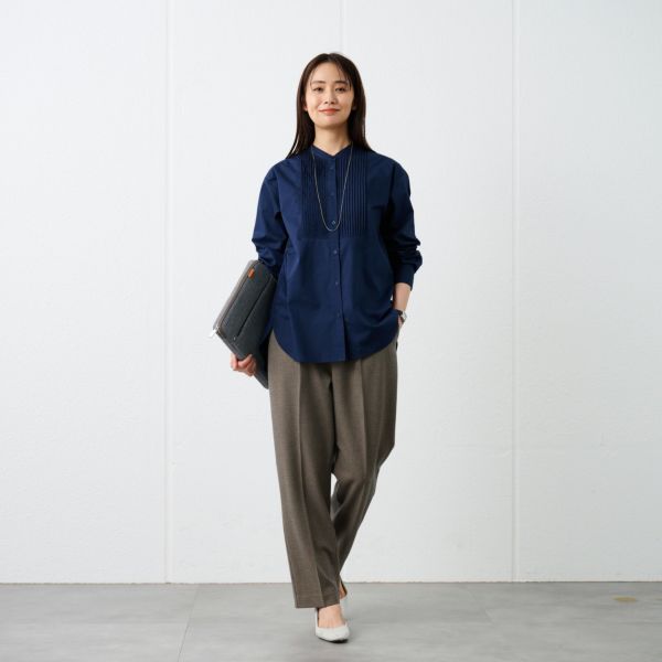 【てまラク】　綿混長袖バンドカラーミドルシャツ