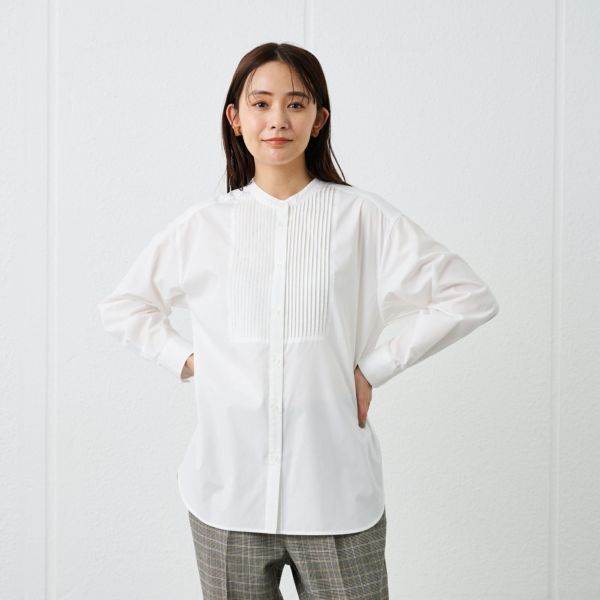 【てまラク】　綿混長袖バンドカラーミドルシャツ