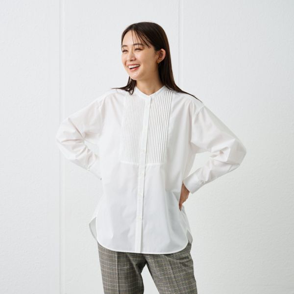 【てまラク】　綿混長袖バンドカラーミドルシャツ