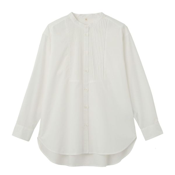 【てまラク】　綿混長袖バンドカラーミドルシャツ