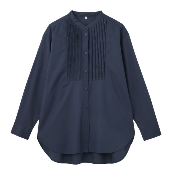 【てまラク】　綿混長袖バンドカラーミドルシャツ
