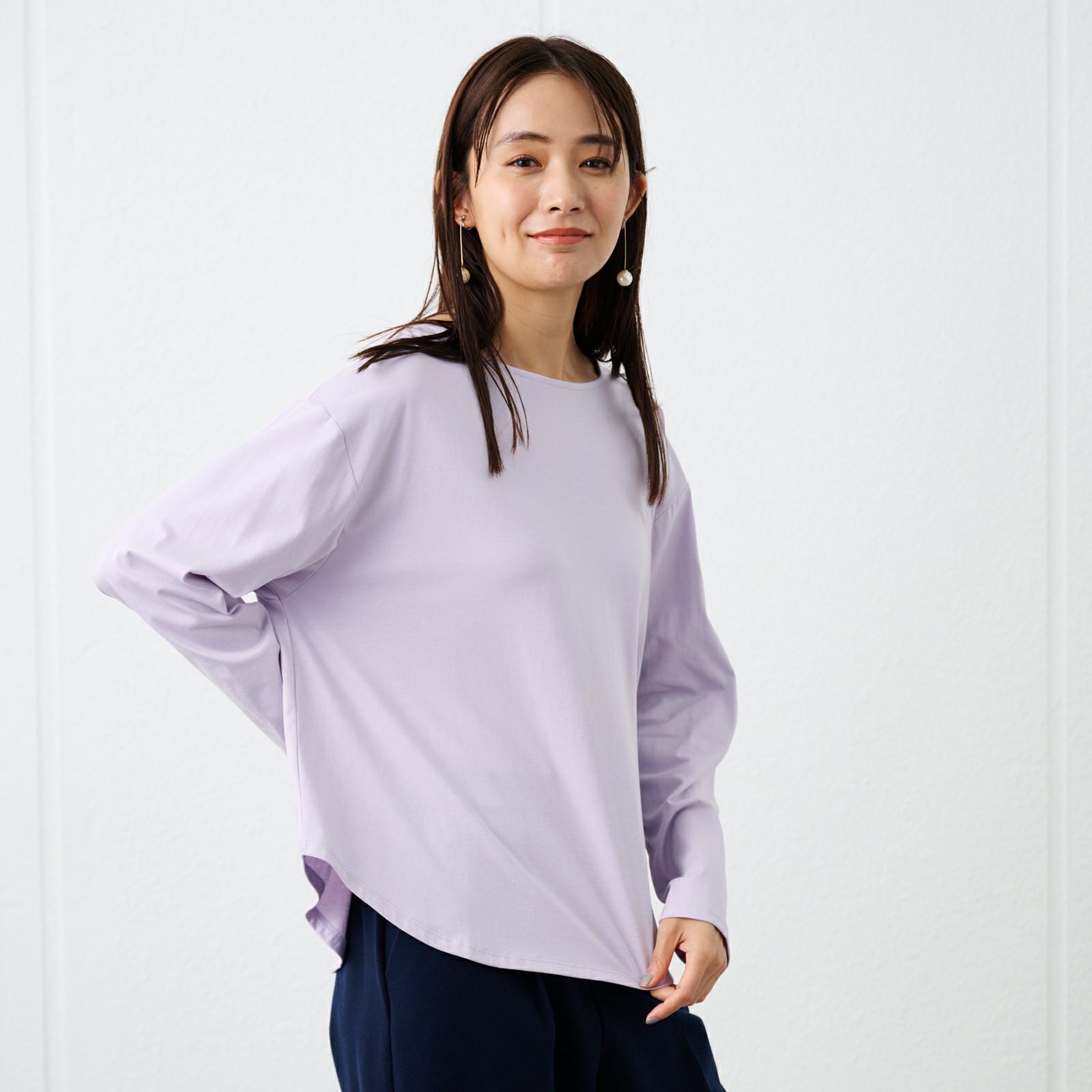 シルキーコットン　抗菌防臭ラウンドヘム長袖Tシャツ