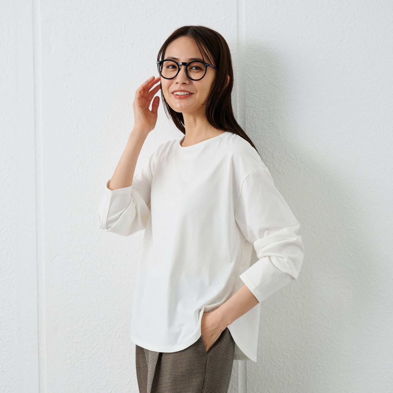 シルキーコットン　抗菌防臭ラウンドヘム長袖Tシャツ