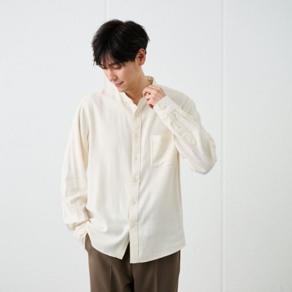 【てまラク】フランネルバンドカラーシャツ