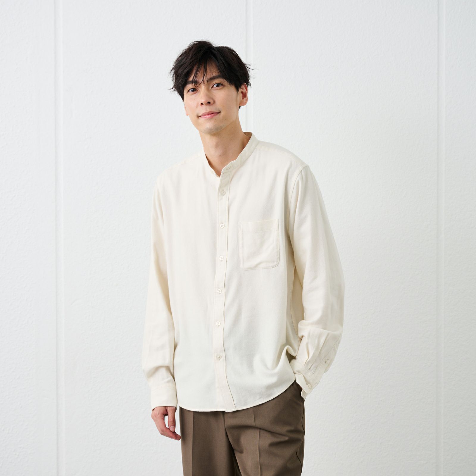 【てまラク】フランネルバンドカラーシャツ