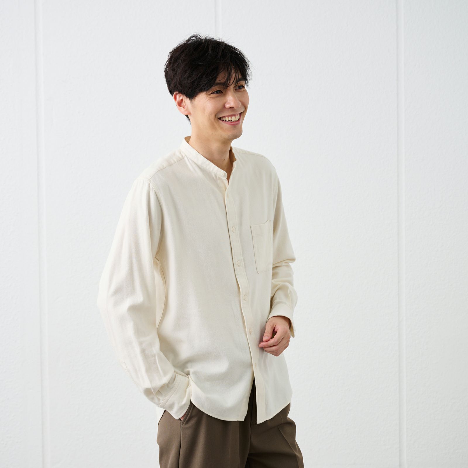 【てまラク】フランネルバンドカラーシャツ