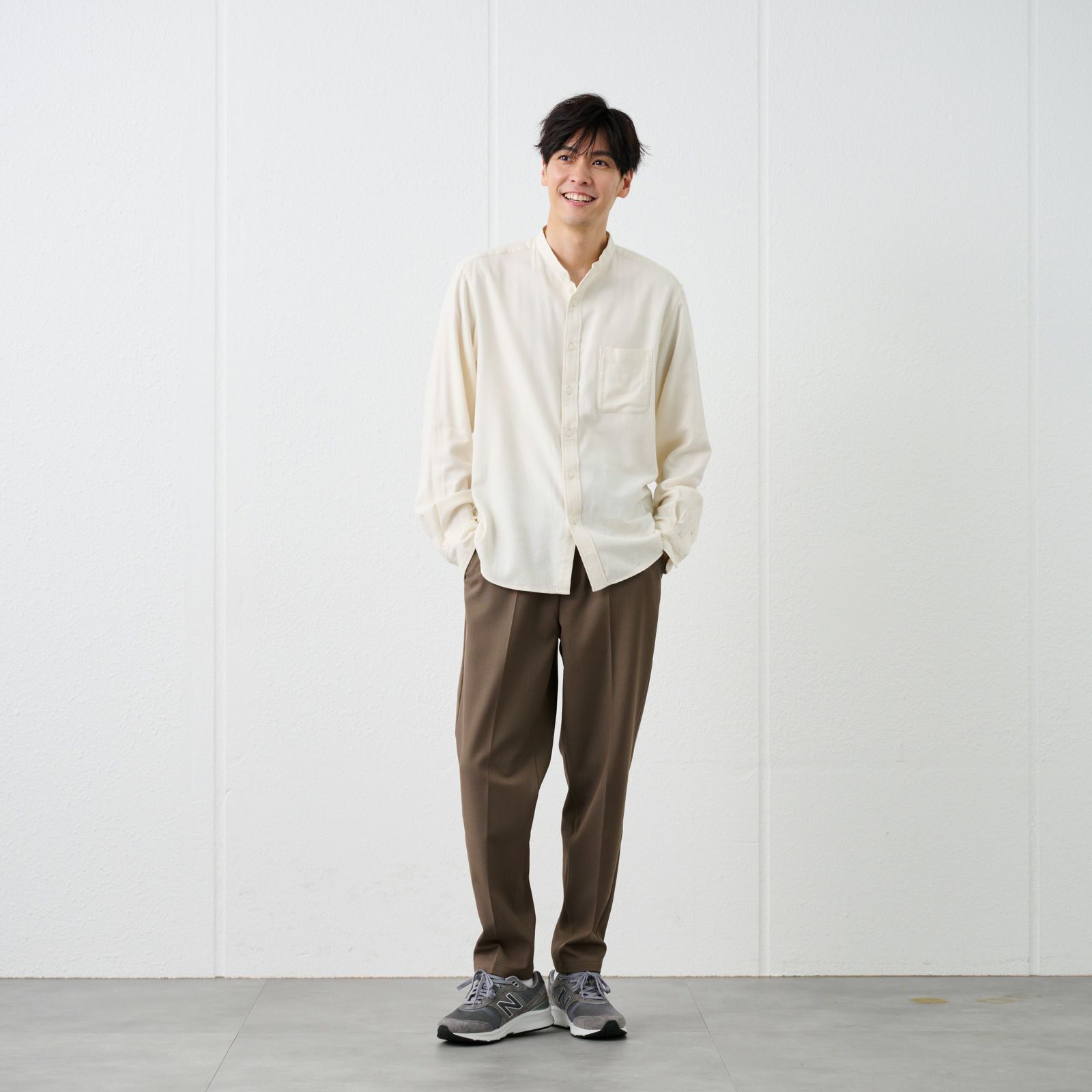 【てまラク】フランネルバンドカラーシャツ