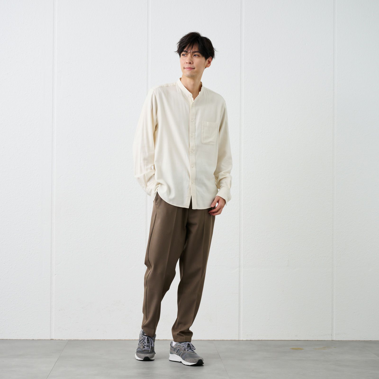 【てまラク】フランネルバンドカラーシャツ