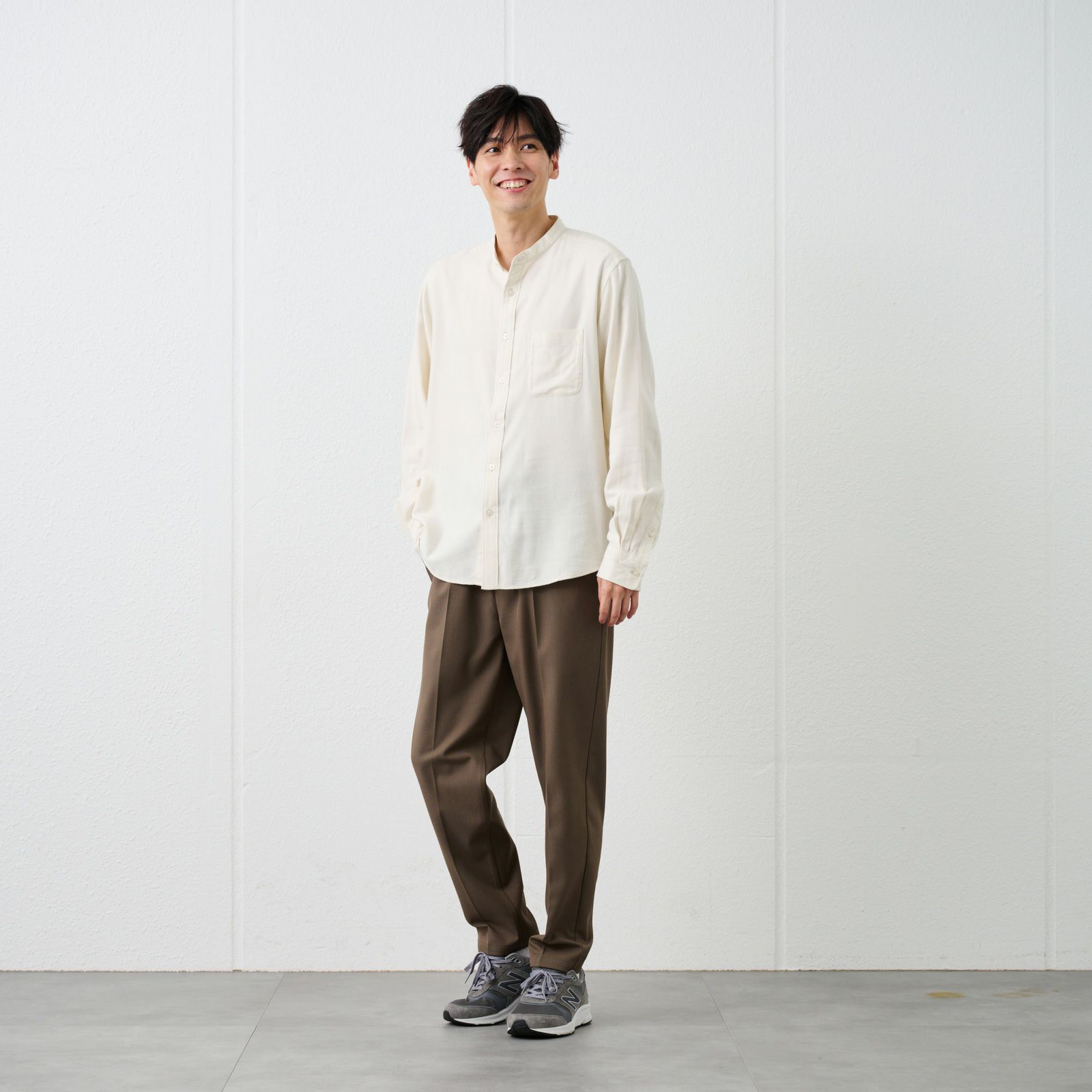 【てまラク】フランネルバンドカラーシャツ