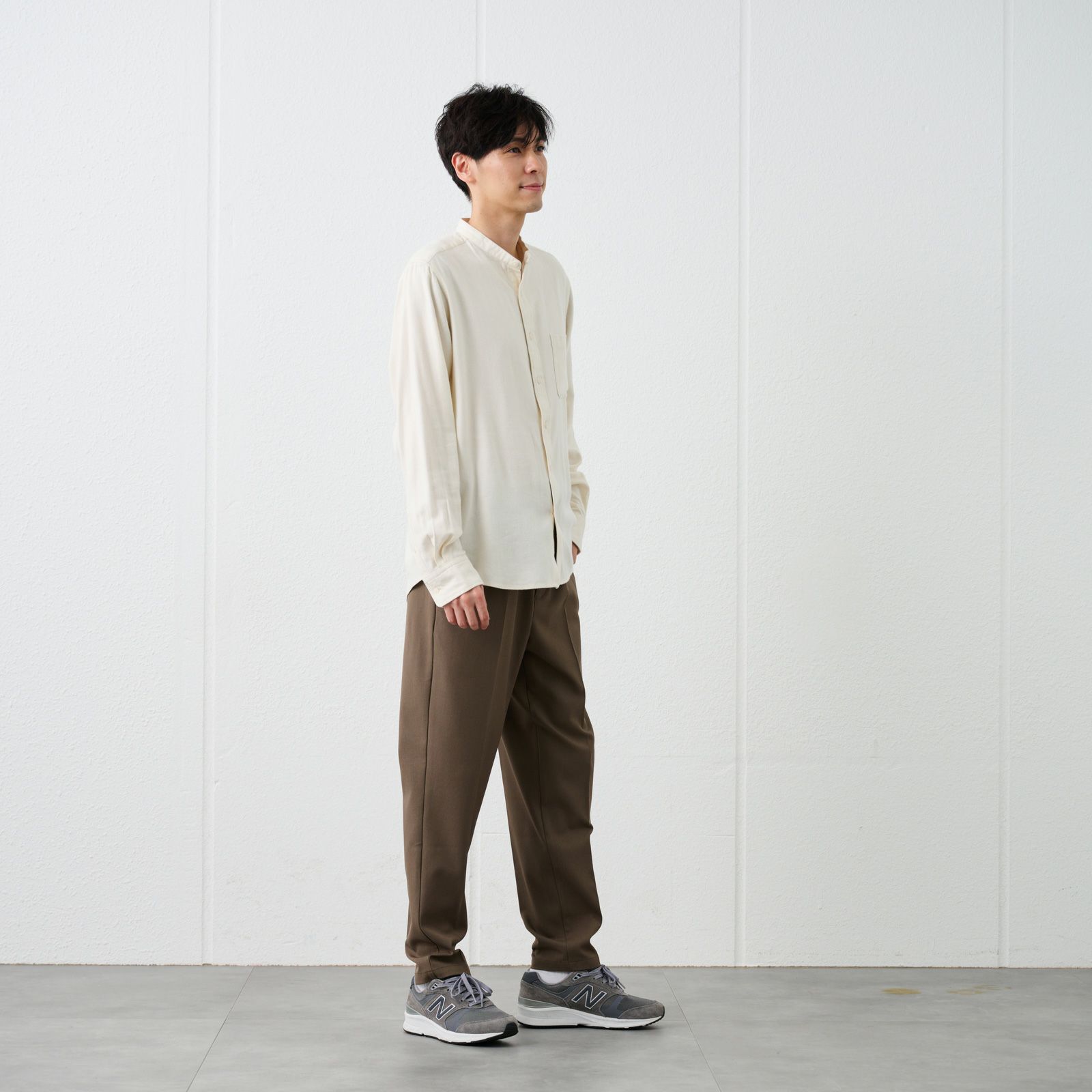 【てまラク】フランネルバンドカラーシャツ