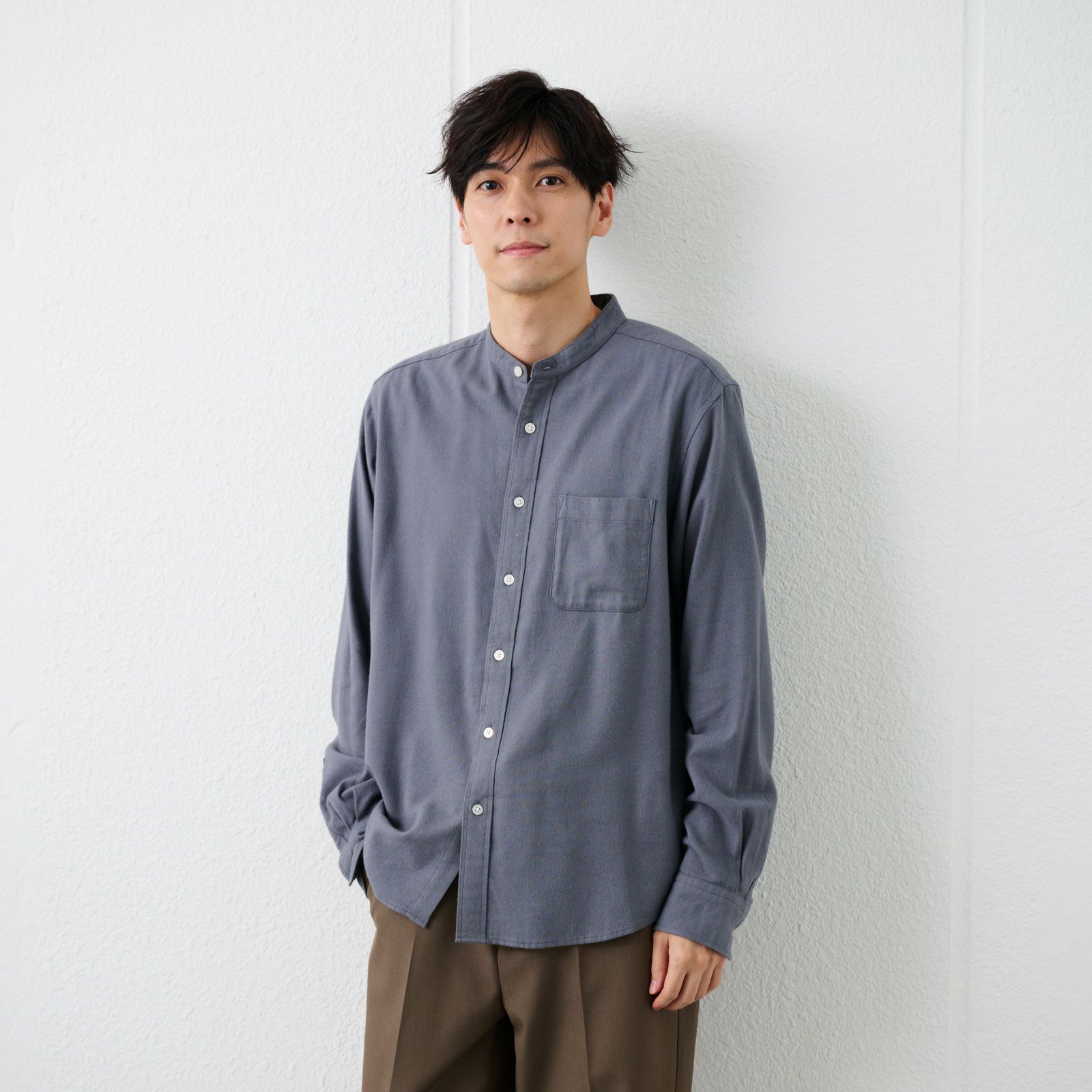 【てまラク】フランネルバンドカラーシャツ