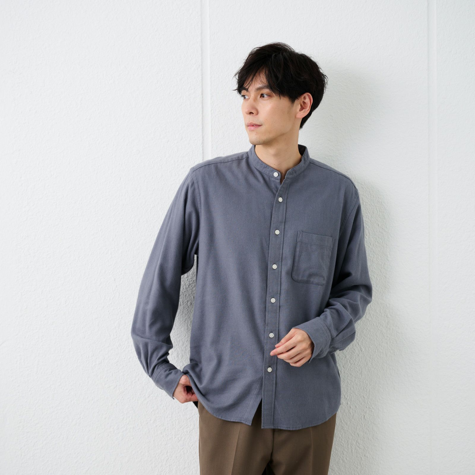 【てまラク】フランネルバンドカラーシャツ