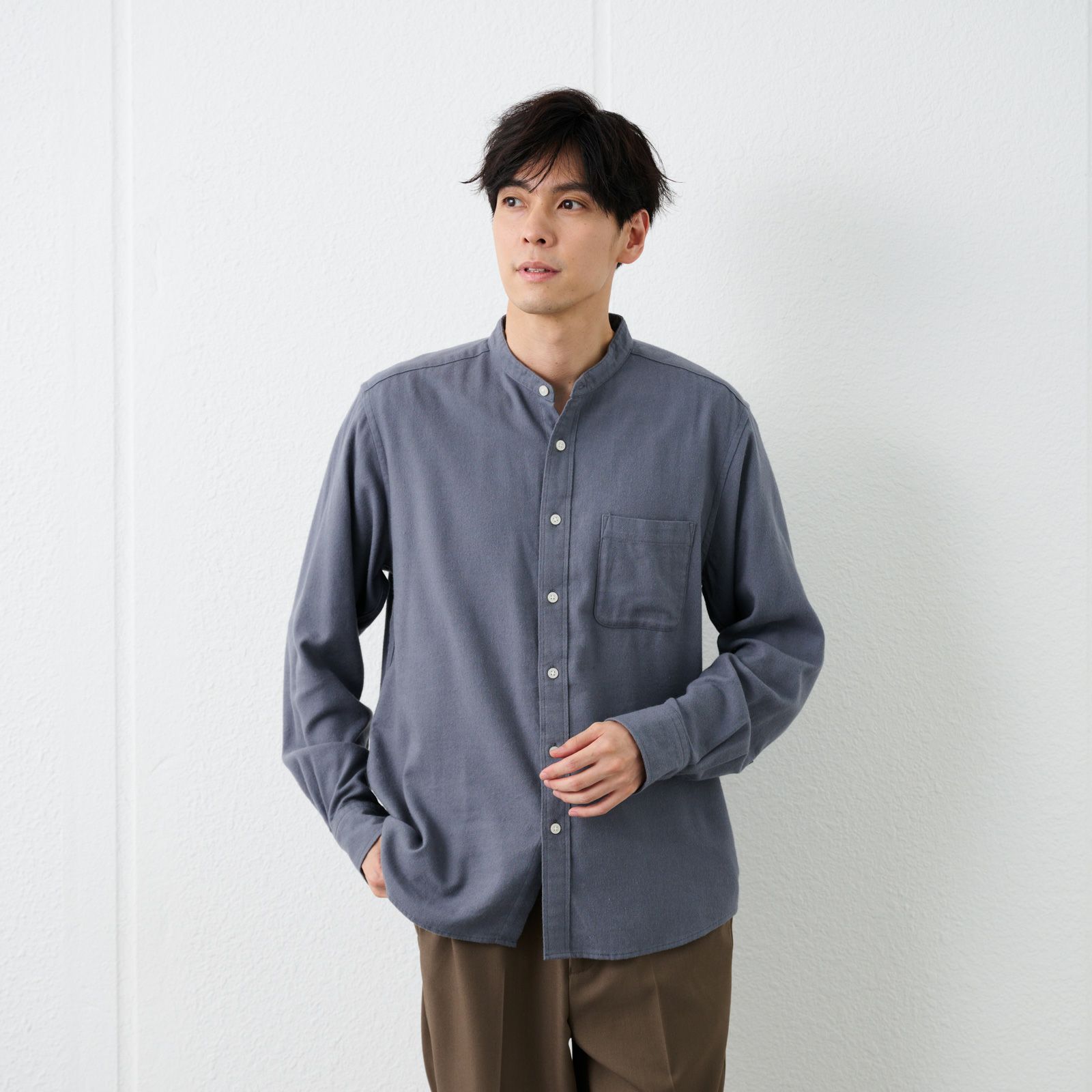 【てまラク】フランネルバンドカラーシャツ