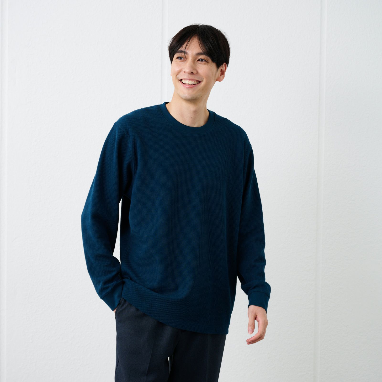 ワッフル　クルーネック長袖Ｔシャツ