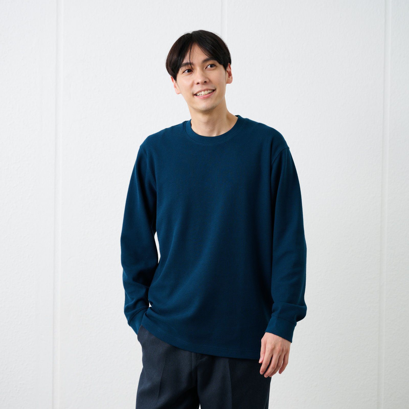 ワッフル　クルーネック長袖Ｔシャツ