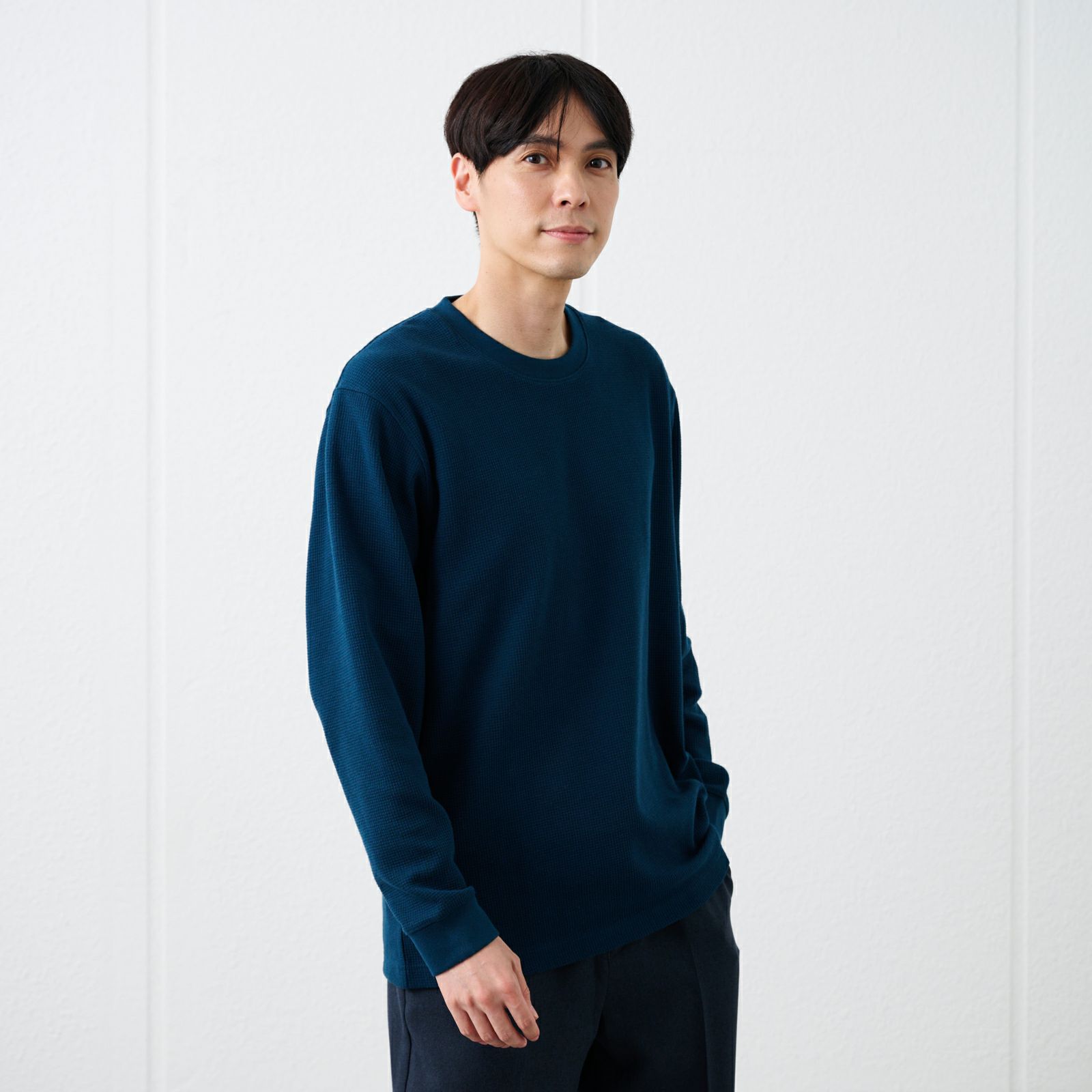 ワッフル　クルーネック長袖Ｔシャツ