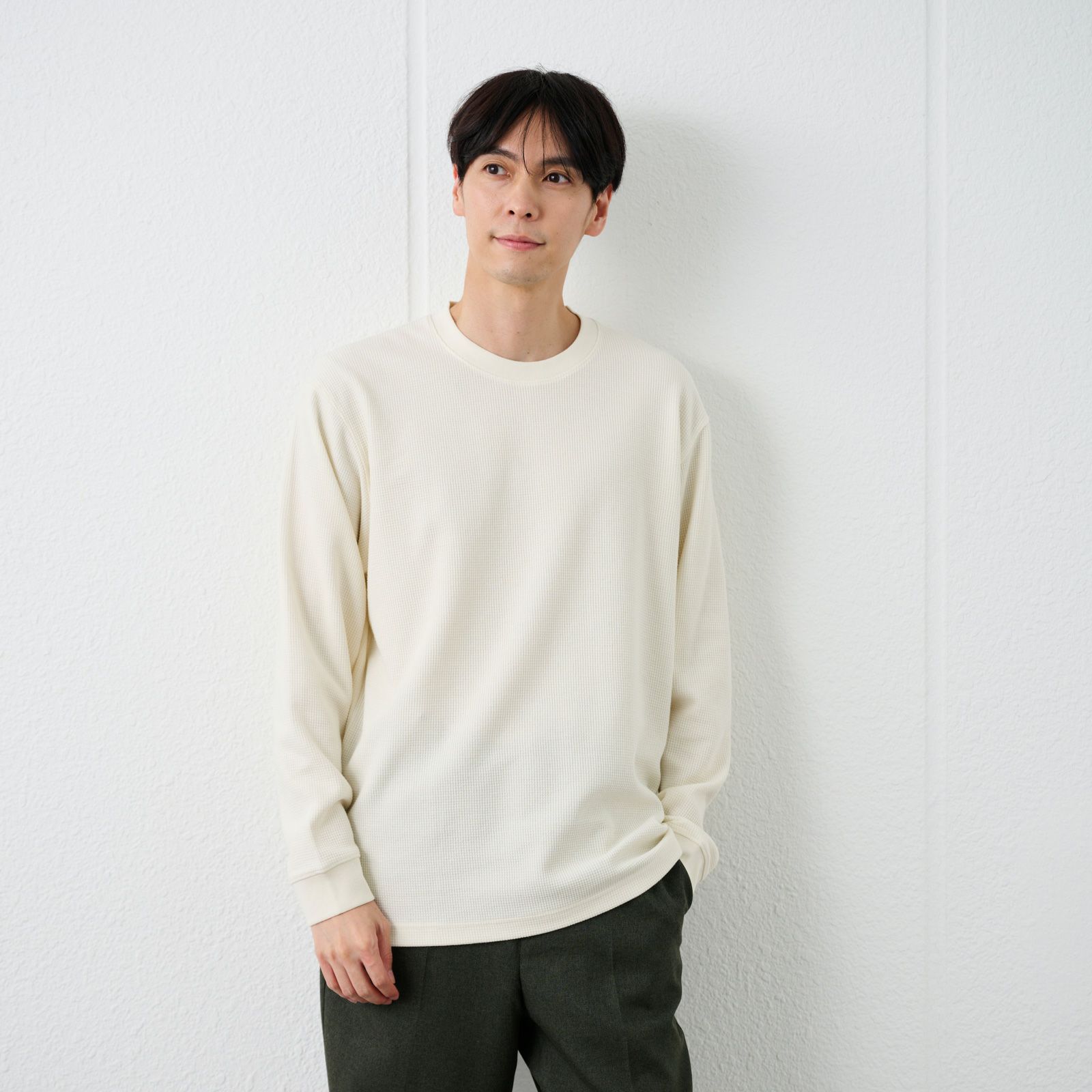 ワッフル　クルーネック長袖Ｔシャツ