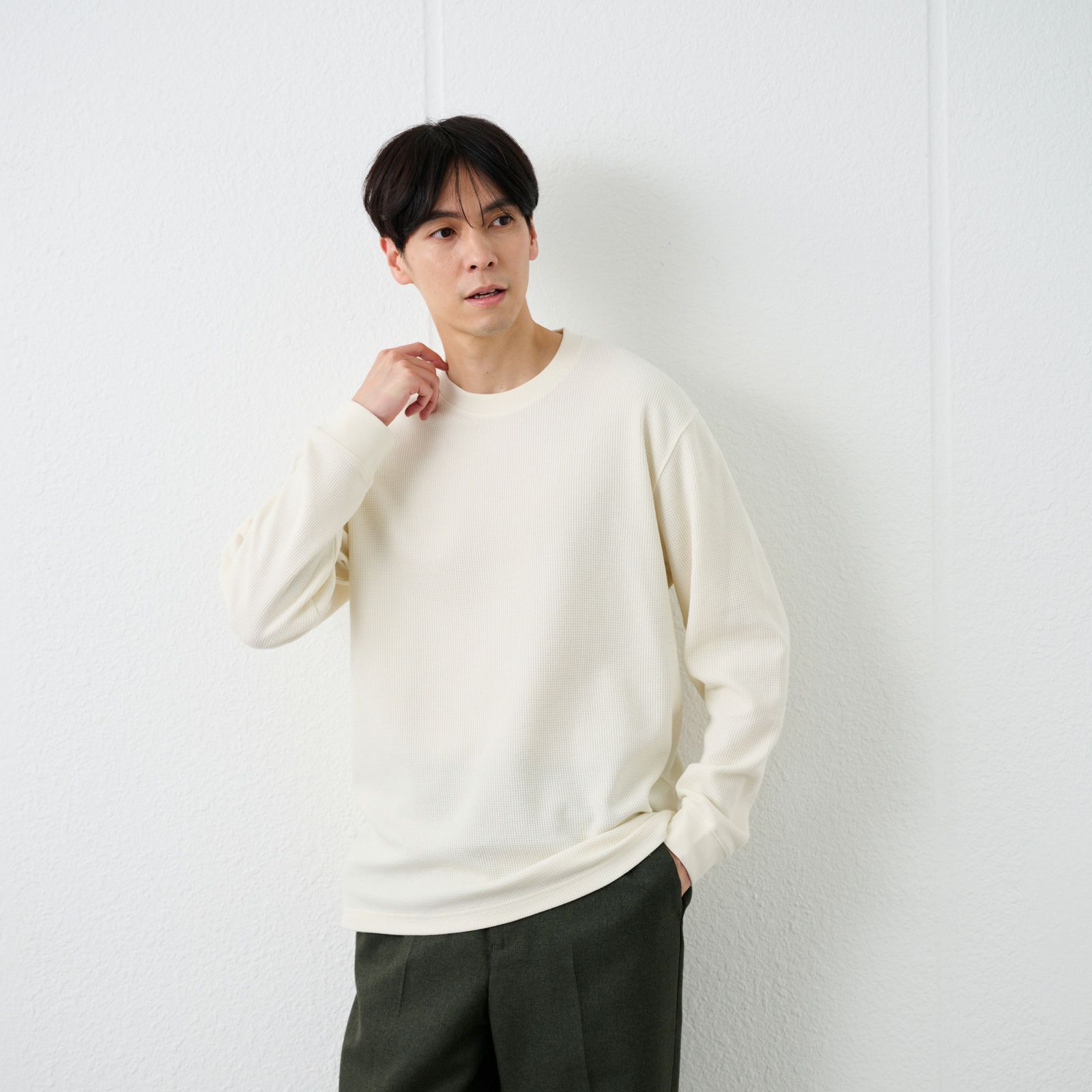 ワッフル　クルーネック長袖Ｔシャツ
