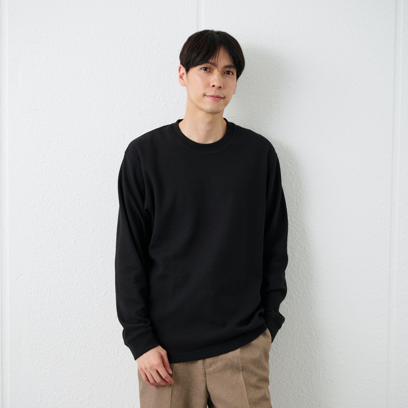 ワッフル　クルーネック長袖Ｔシャツ