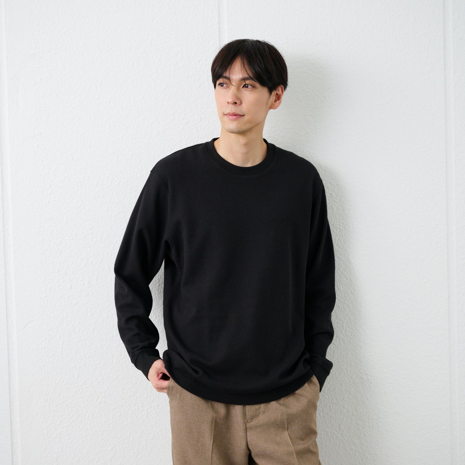 ワッフル　クルーネック長袖Ｔシャツ