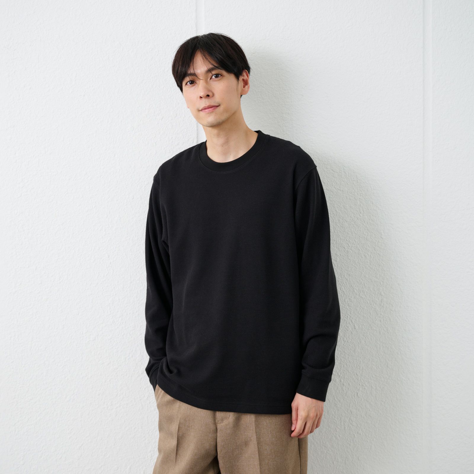 ワッフル　クルーネック長袖Ｔシャツ