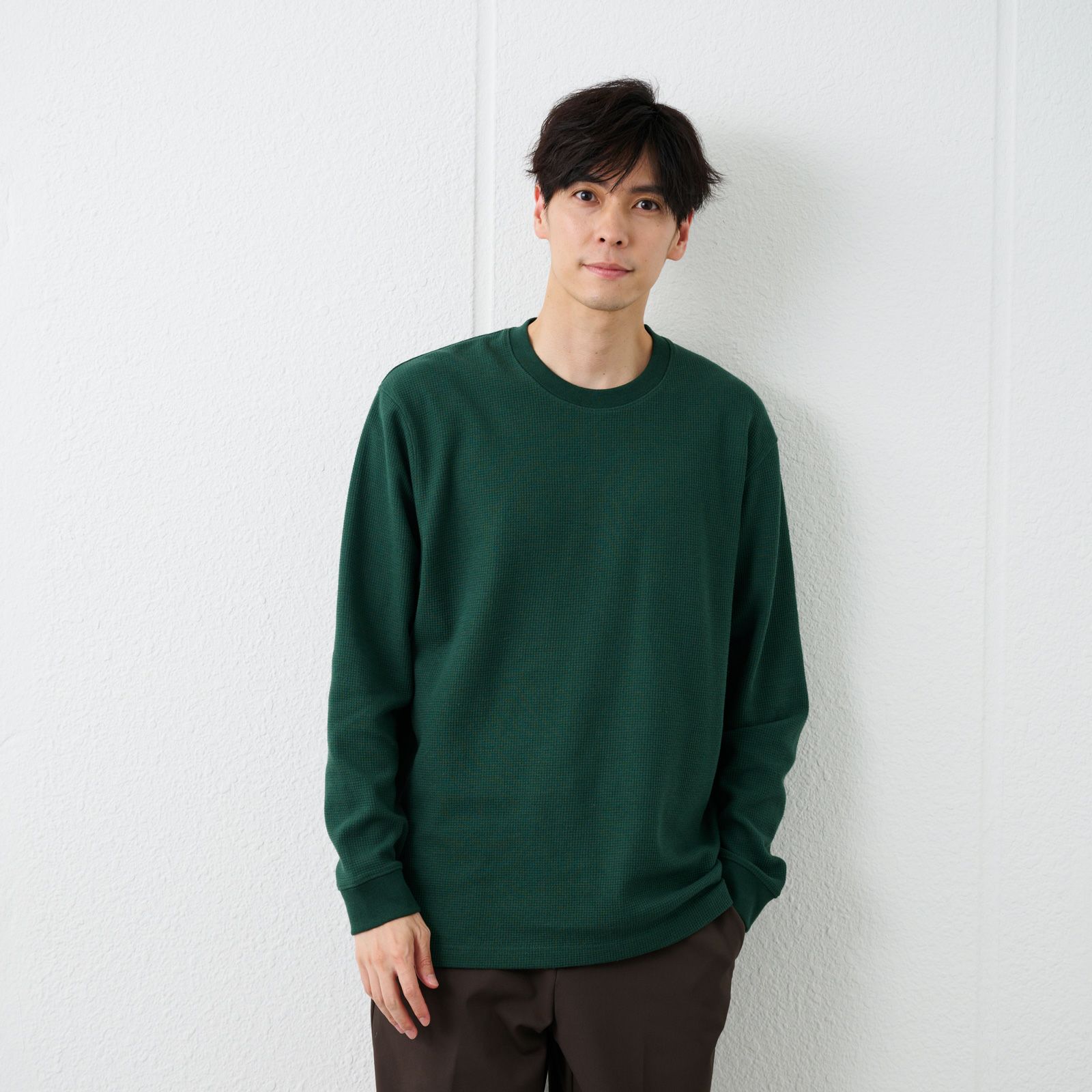 ワッフル　クルーネック長袖Ｔシャツ