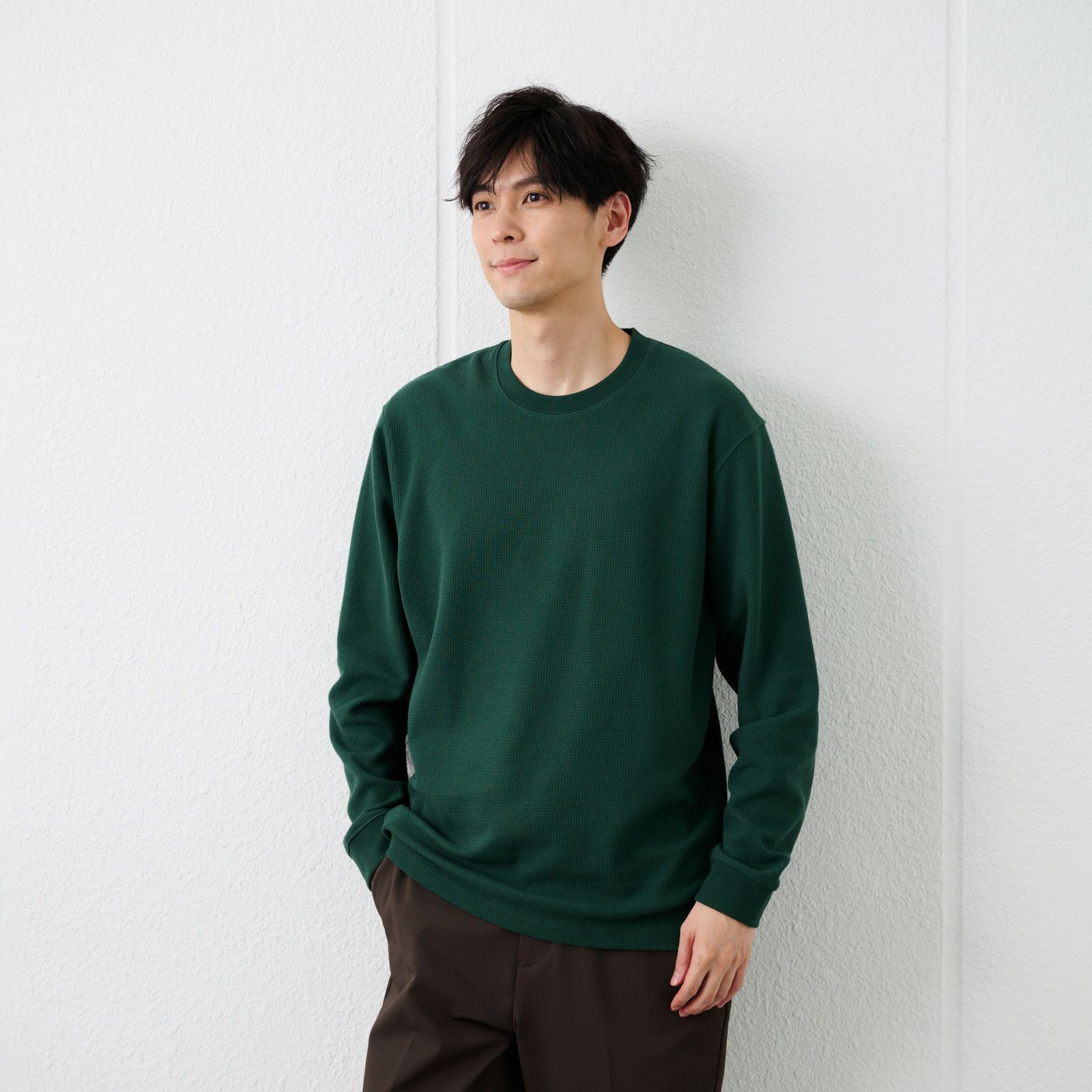 ワッフル　クルーネック長袖Ｔシャツ