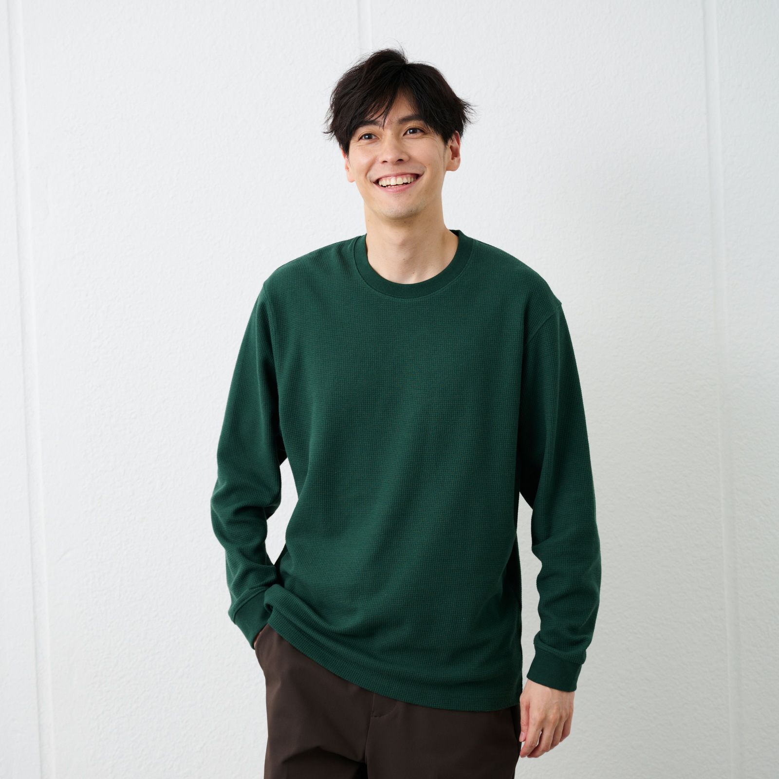 ワッフル　クルーネック長袖Ｔシャツ