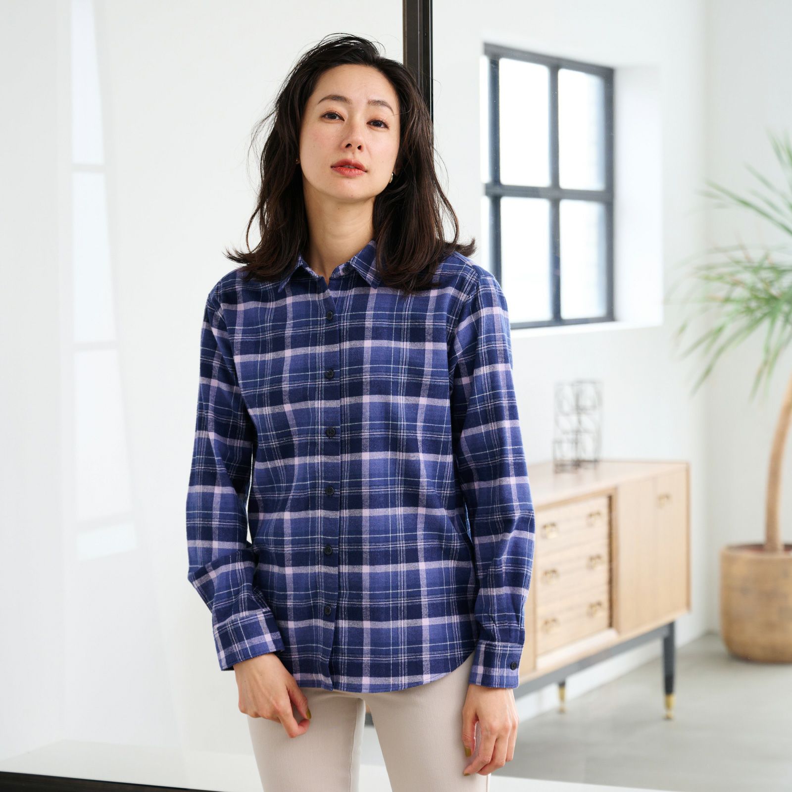 【てまラク】フランネル長袖レギュラーシャツ