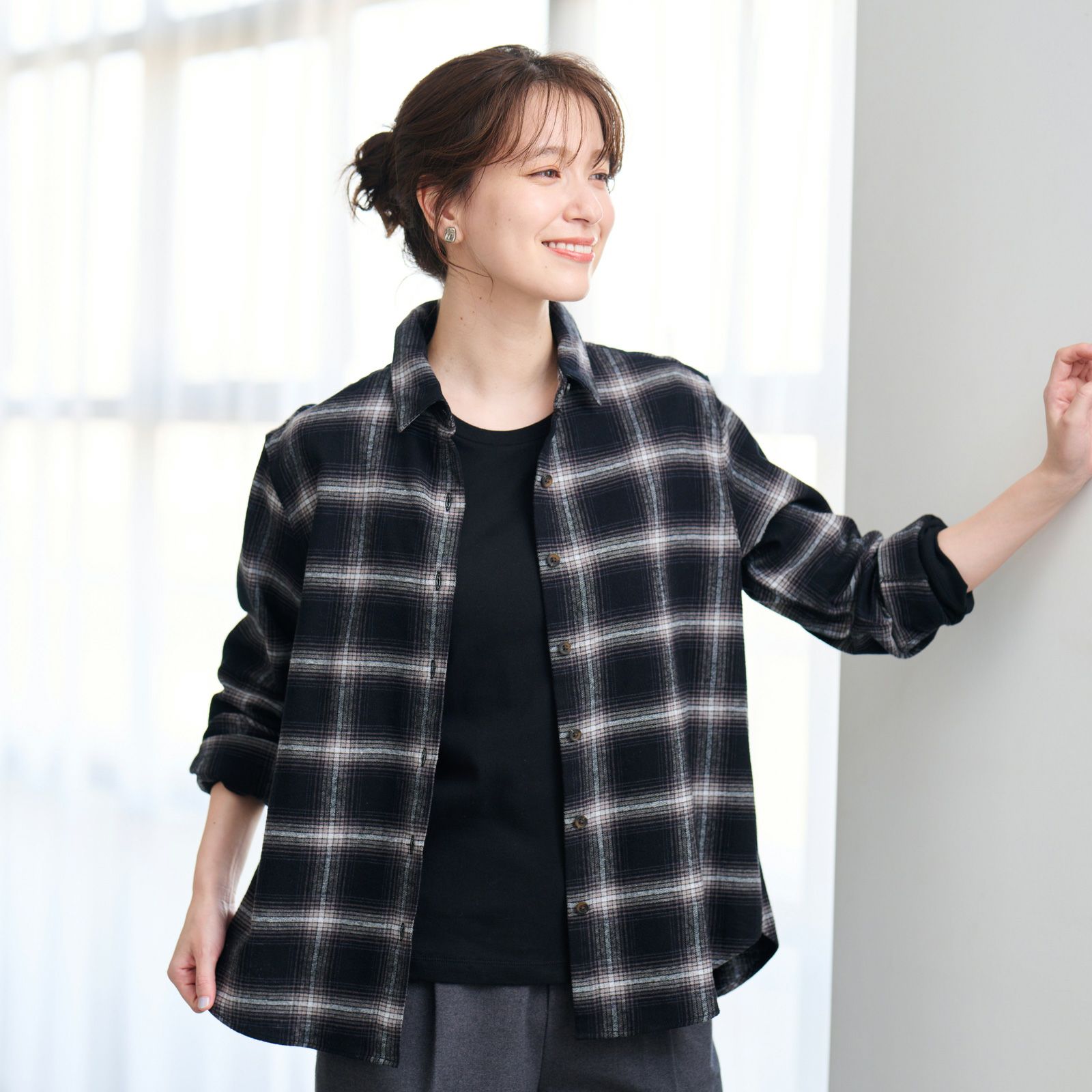 【てまラク】フランネル長袖レギュラーシャツ