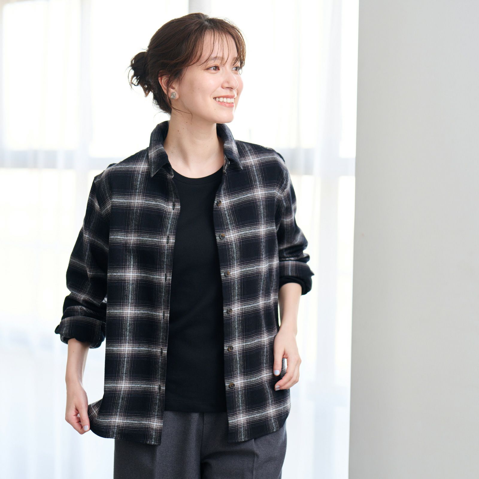 【てまラク】フランネル長袖レギュラーシャツ