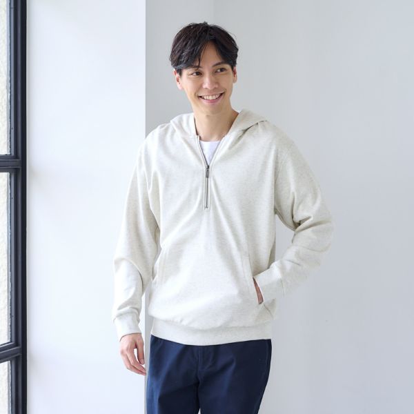シルキーコットン　裏毛スウェットハーフジップパーカ