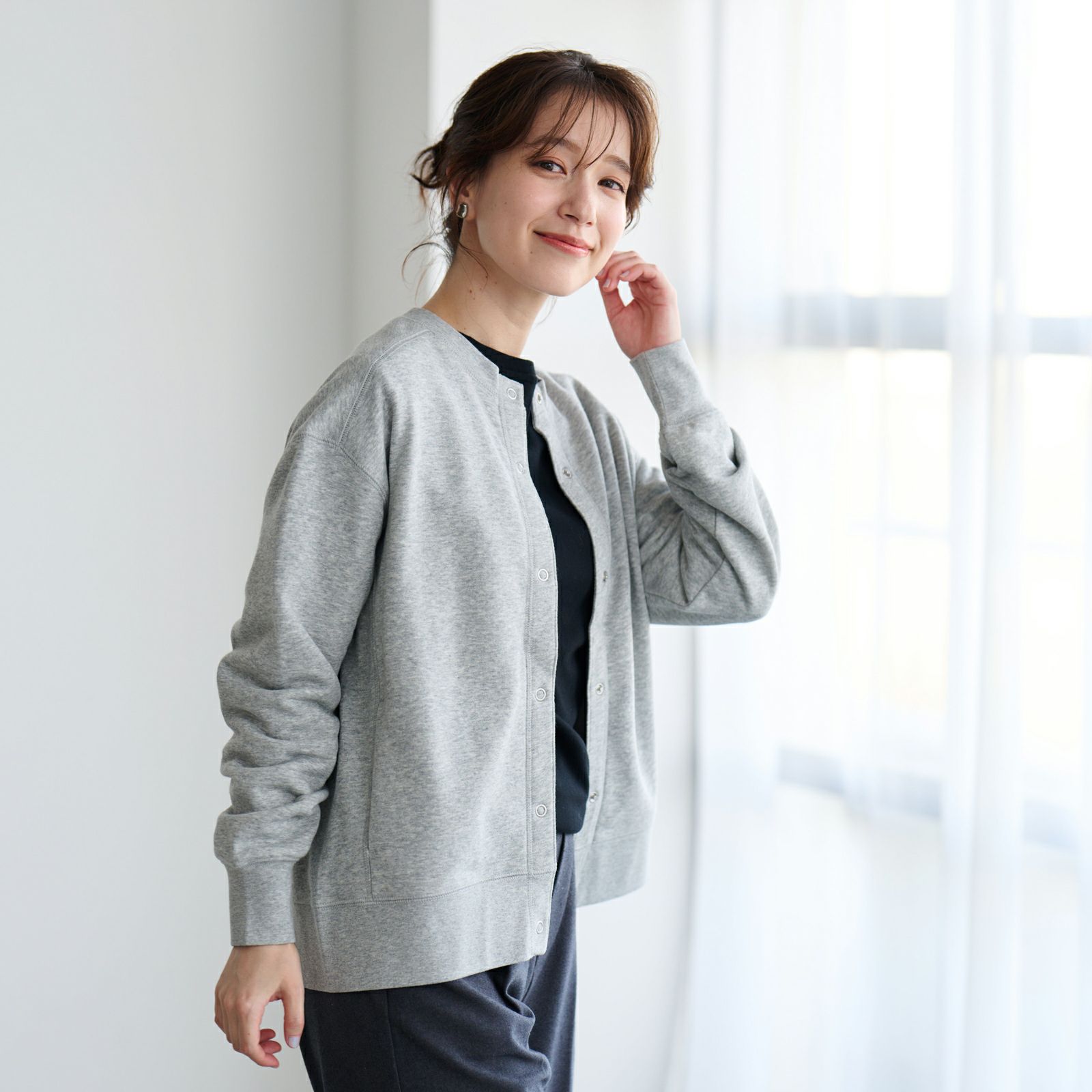 レトロカラースウェット　リングドットボタンカーディガン