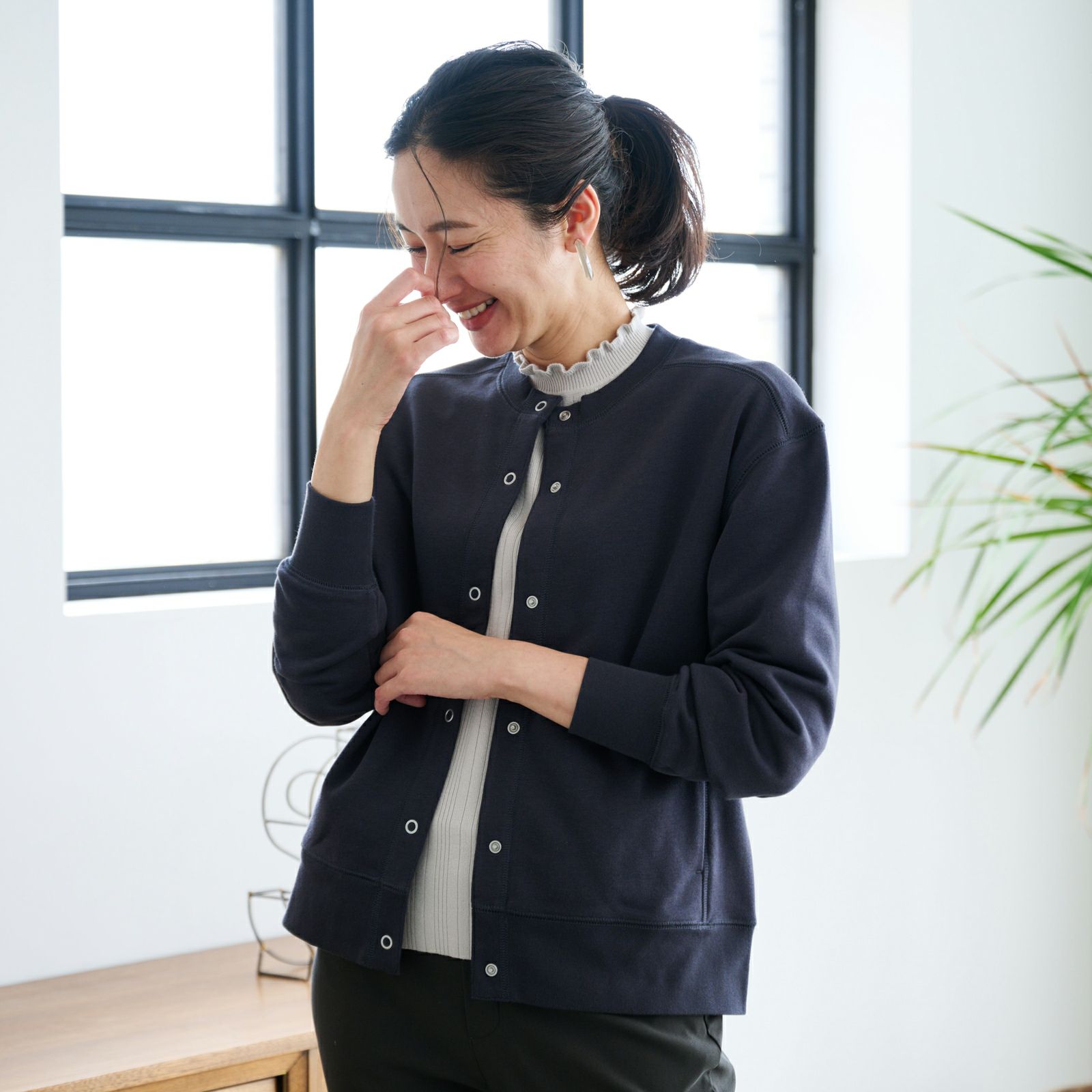 レトロカラースウェット　リングドットボタンカーディガン