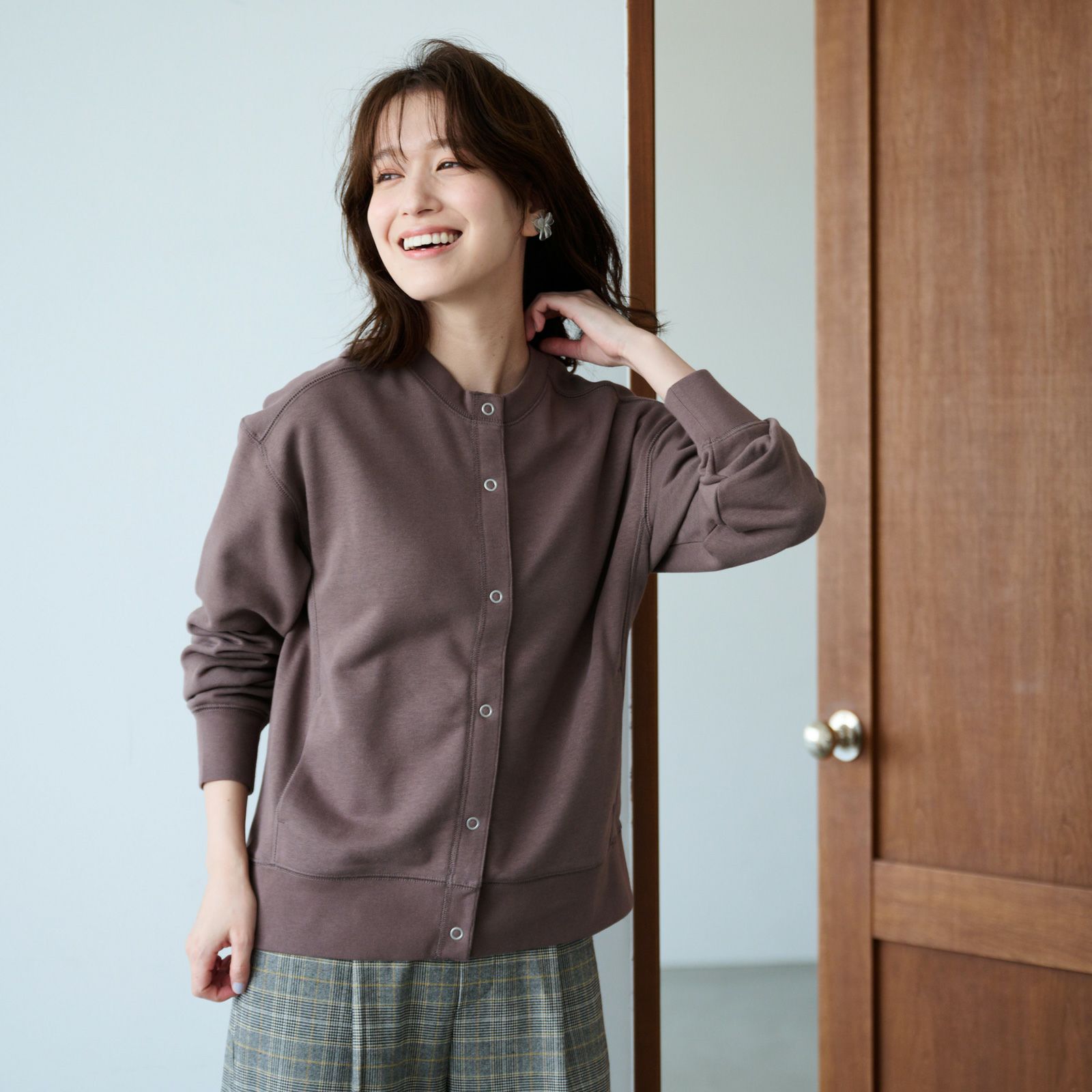 レトロカラースウェット　リングドットボタンカーディガン