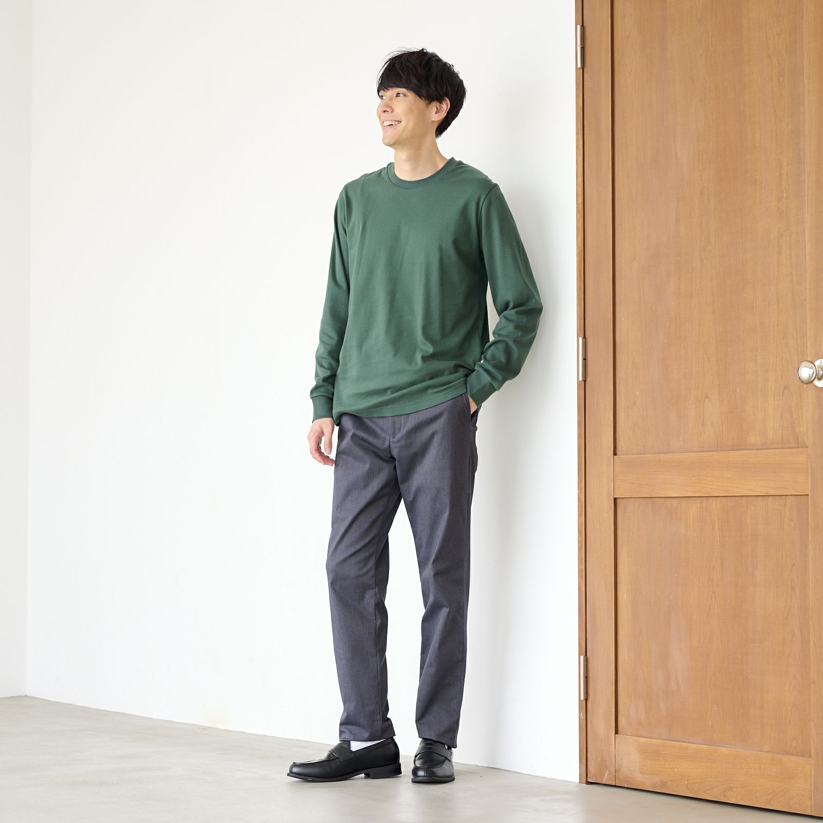 コットン起毛　クルーネック長袖Tシャツ