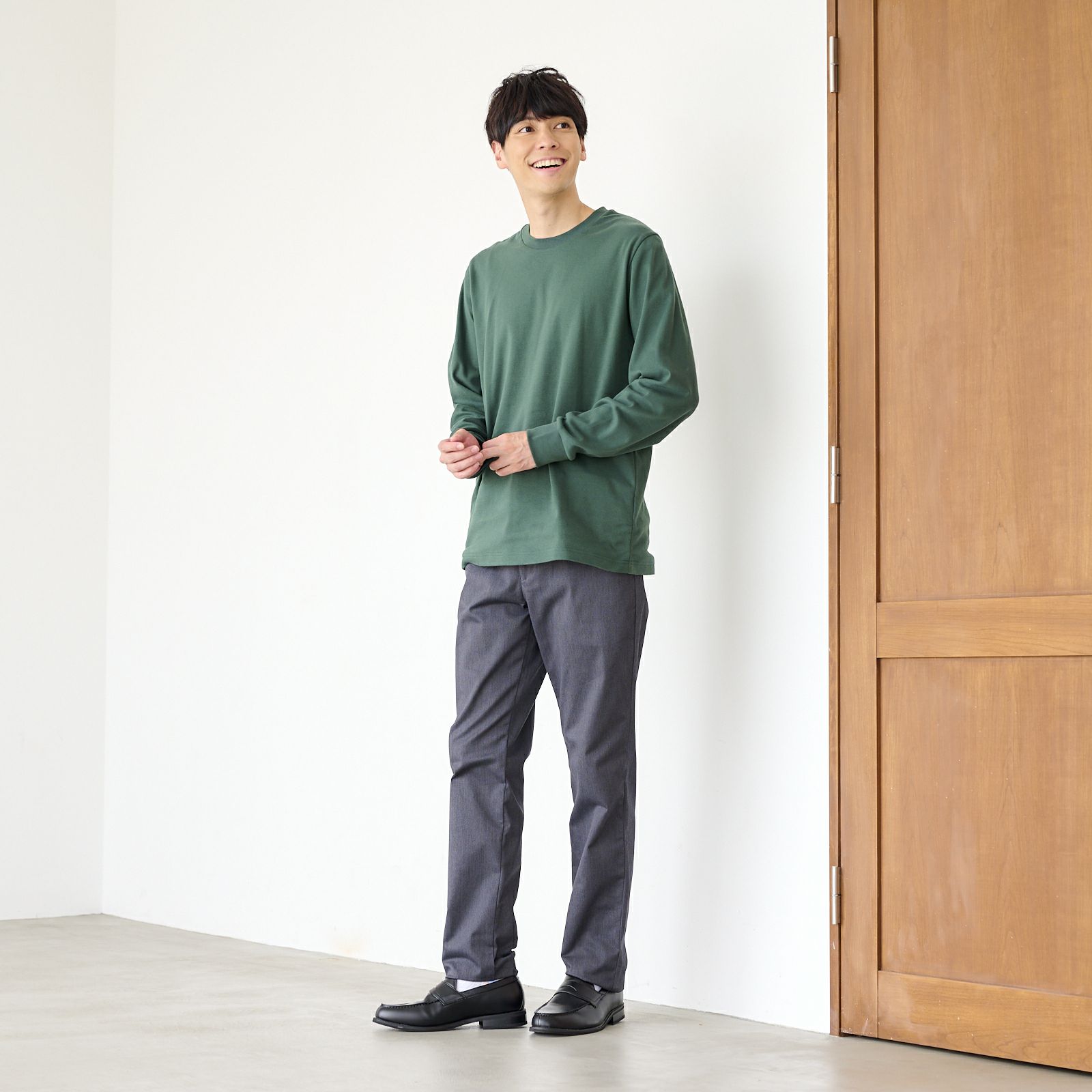 コットン起毛　クルーネック長袖Tシャツ