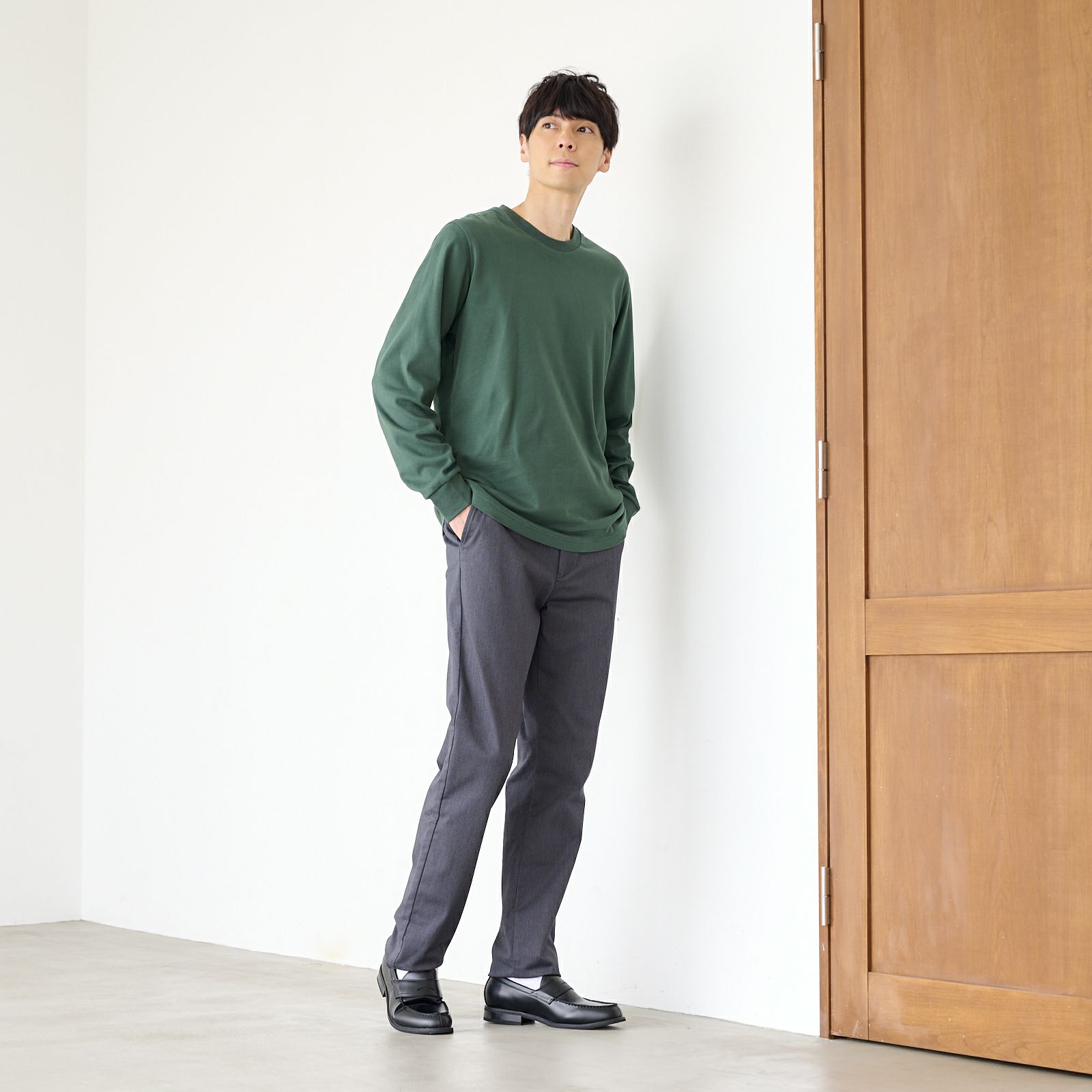 コットン起毛　クルーネック長袖Tシャツ