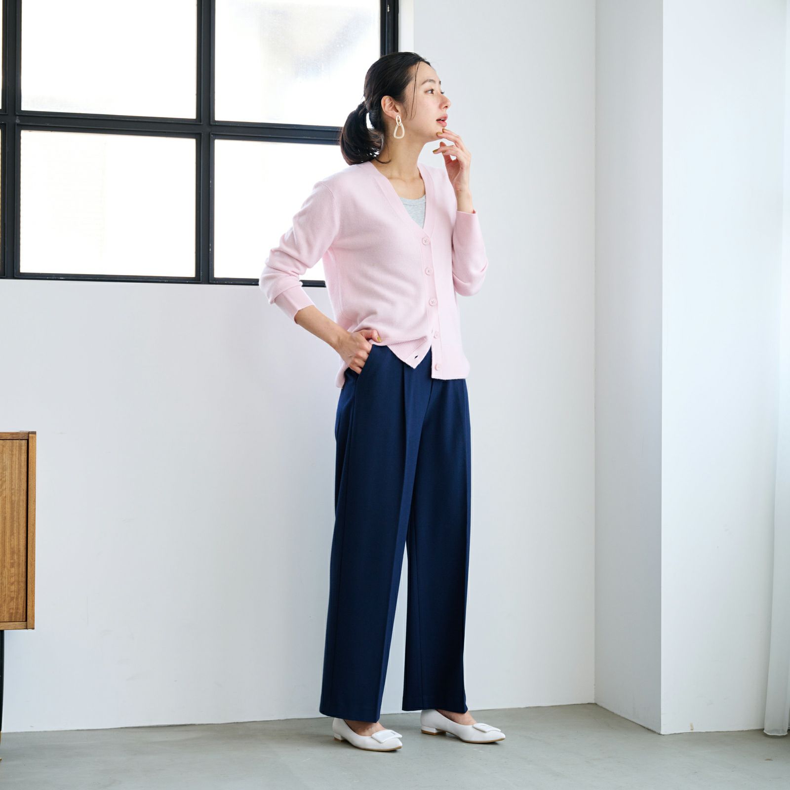 【オルスタ】両面起毛　また下長めワイドパンツ