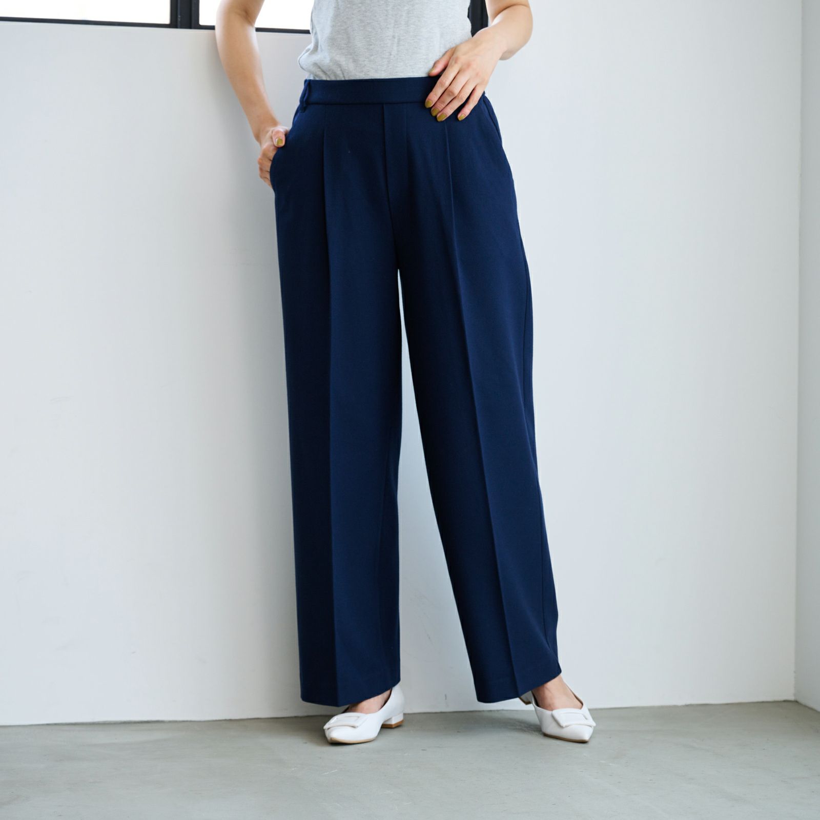 【オルスタ】両面起毛　また下長めワイドパンツ