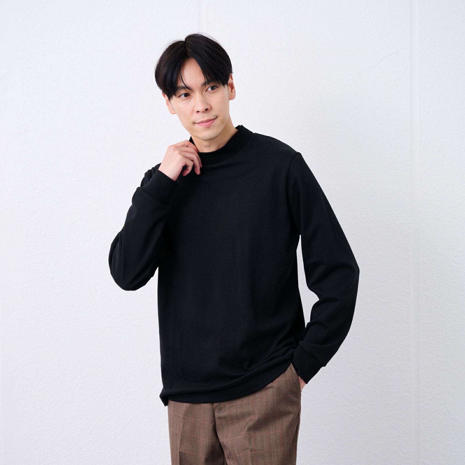 コットン起毛モックネック長袖Tシャツ