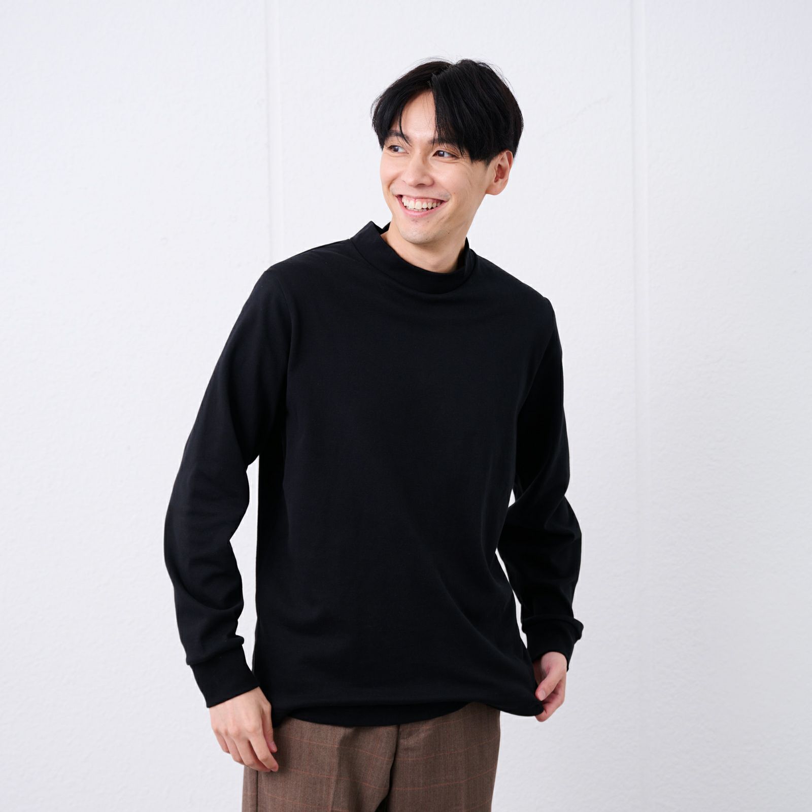 コットン起毛モックネック長袖Tシャツ